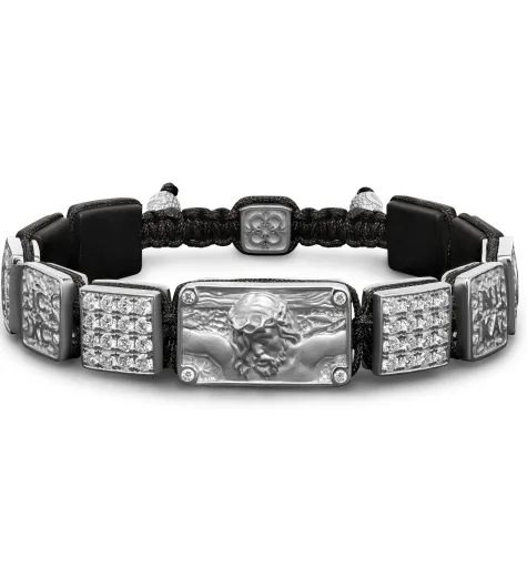 Crucified Jesus Christ Bracelet in 18K Gold, White Diamonds and Squared Black Onyx
