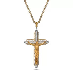 Jesus Christ Alive Cross in 18K Gold & Baguette Cut Diamonds