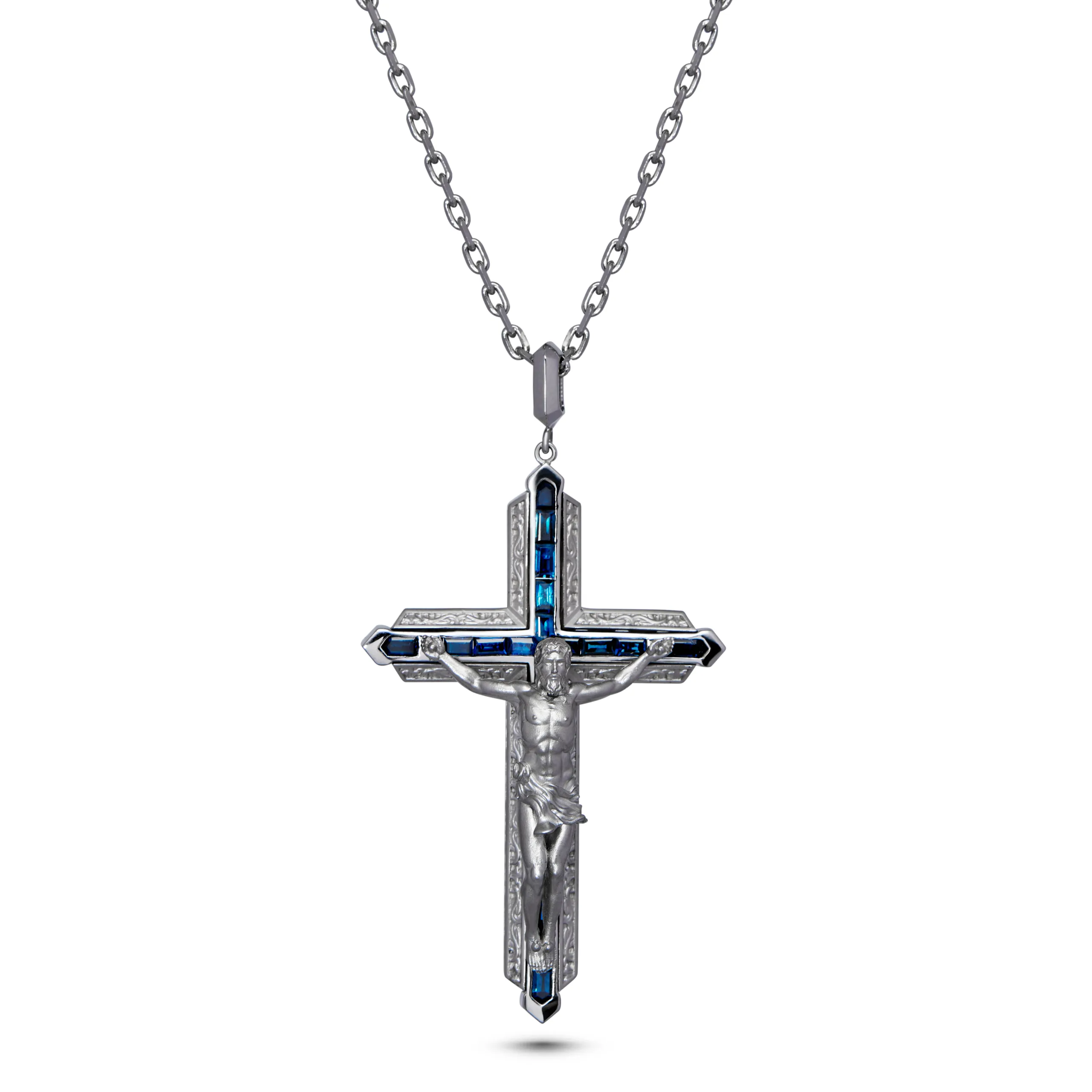 Jesus Alive Cross in 18K White Gold and Sapphires