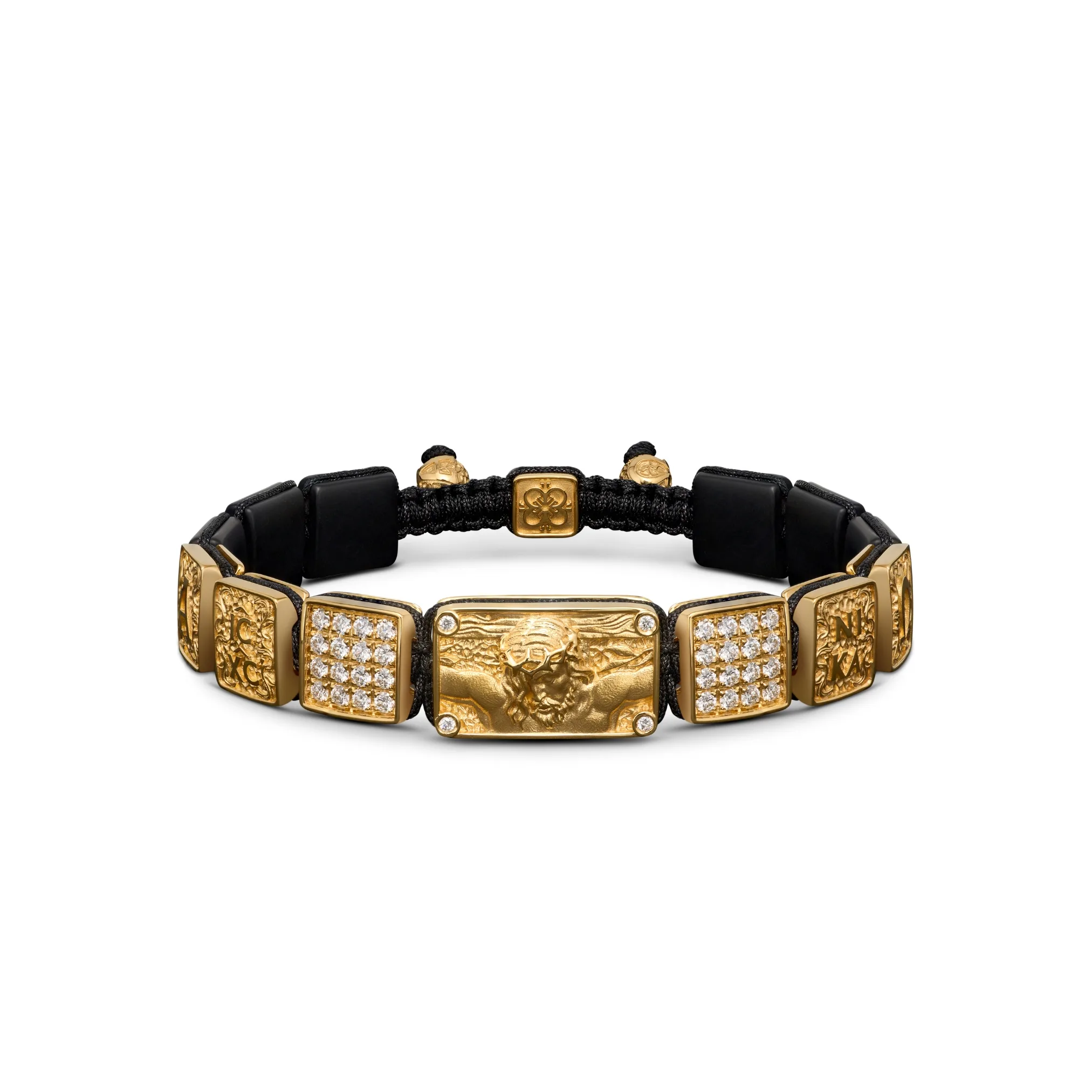 Crucified Jesus Christ Bracelet in 18K Yellow Gold, White Diamonds and Black Onyx