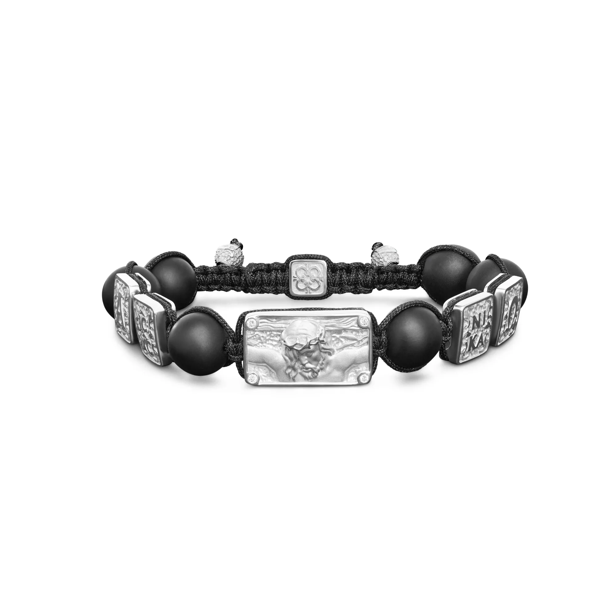 Crucified Jesus Christ Bracelet in 18K White Gold, White Diamonds and Black Onyx