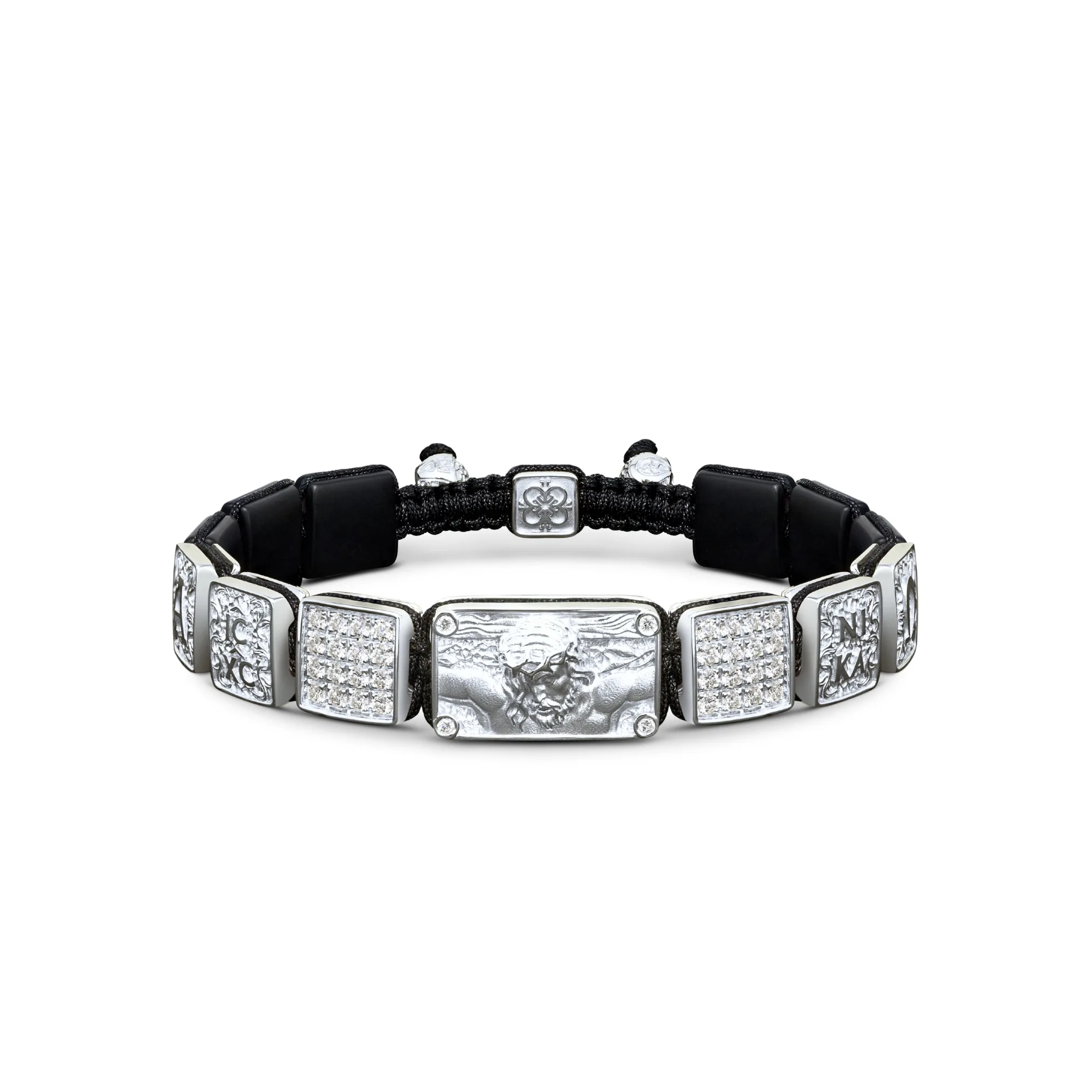 Crucified Jesus Christ Bracelet in 18K White Gold, White Diamonds and Black Onyx