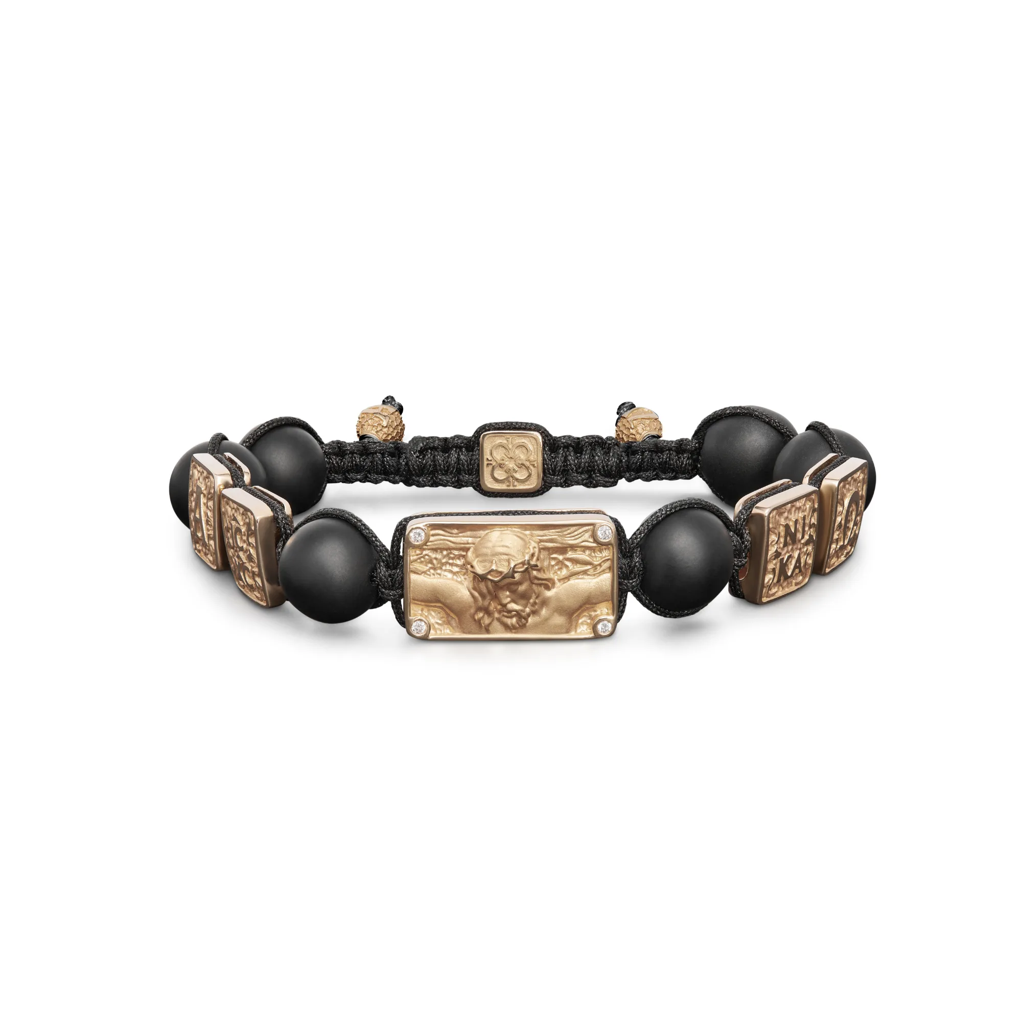 Crucified Jesus Christ Bracelet in 18K Rose Gold, White Diamonds and Black Onyx