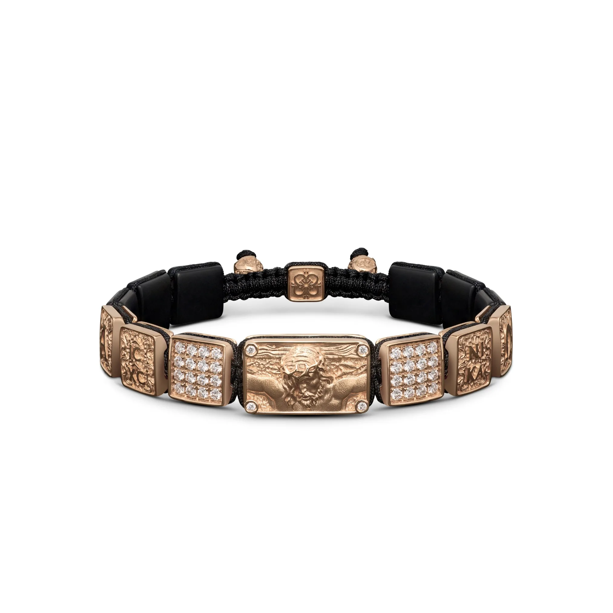 Crucified Jesus Christ Bracelet in 18K Rose Gold, White Diamonds and Black Onyx