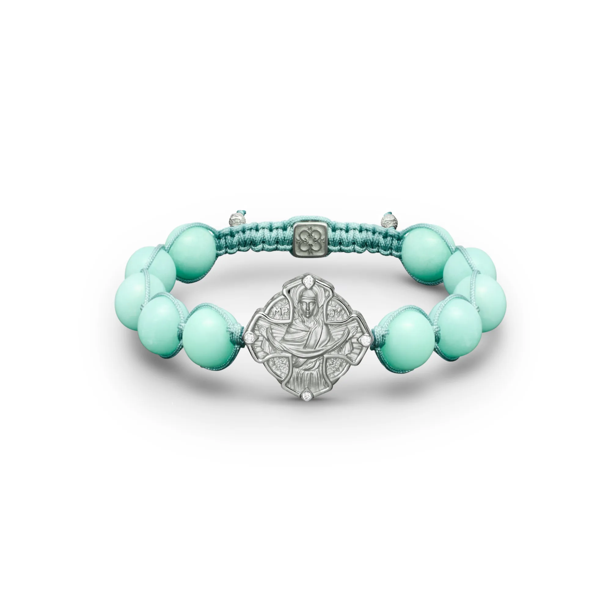 Holy Belt of Virgin Mary Cross-Shaped Bracelet in 18K White Gold with Diamonds and Chrysoprase