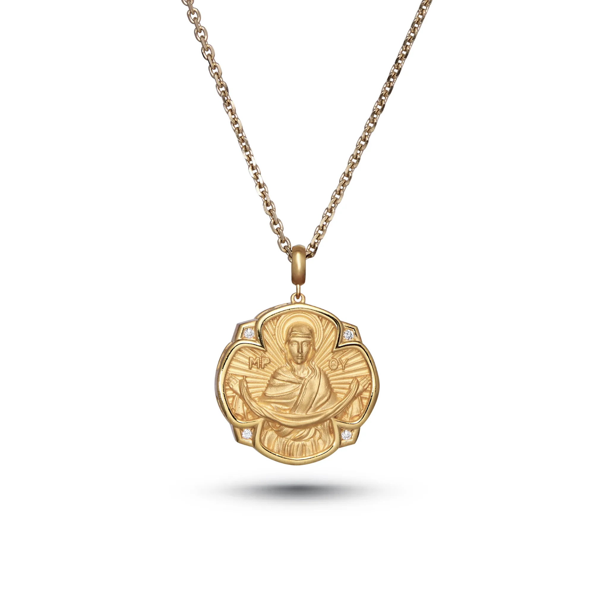 Holy Belt of Virgin Mary Flower-Shaped Pendant in 18K Yellow Gold with Diamonds