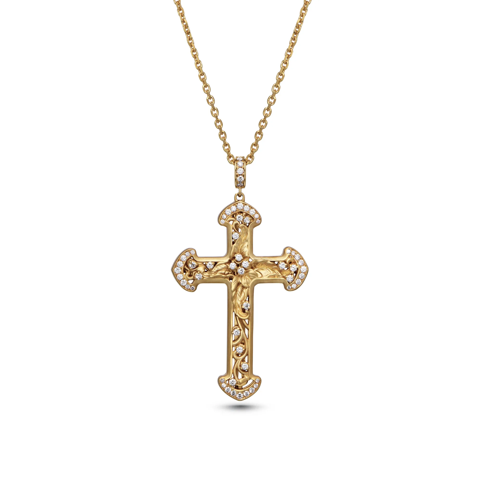Krinos Cross in 18K Yellow Gold with Diamonds - Pave Frame
