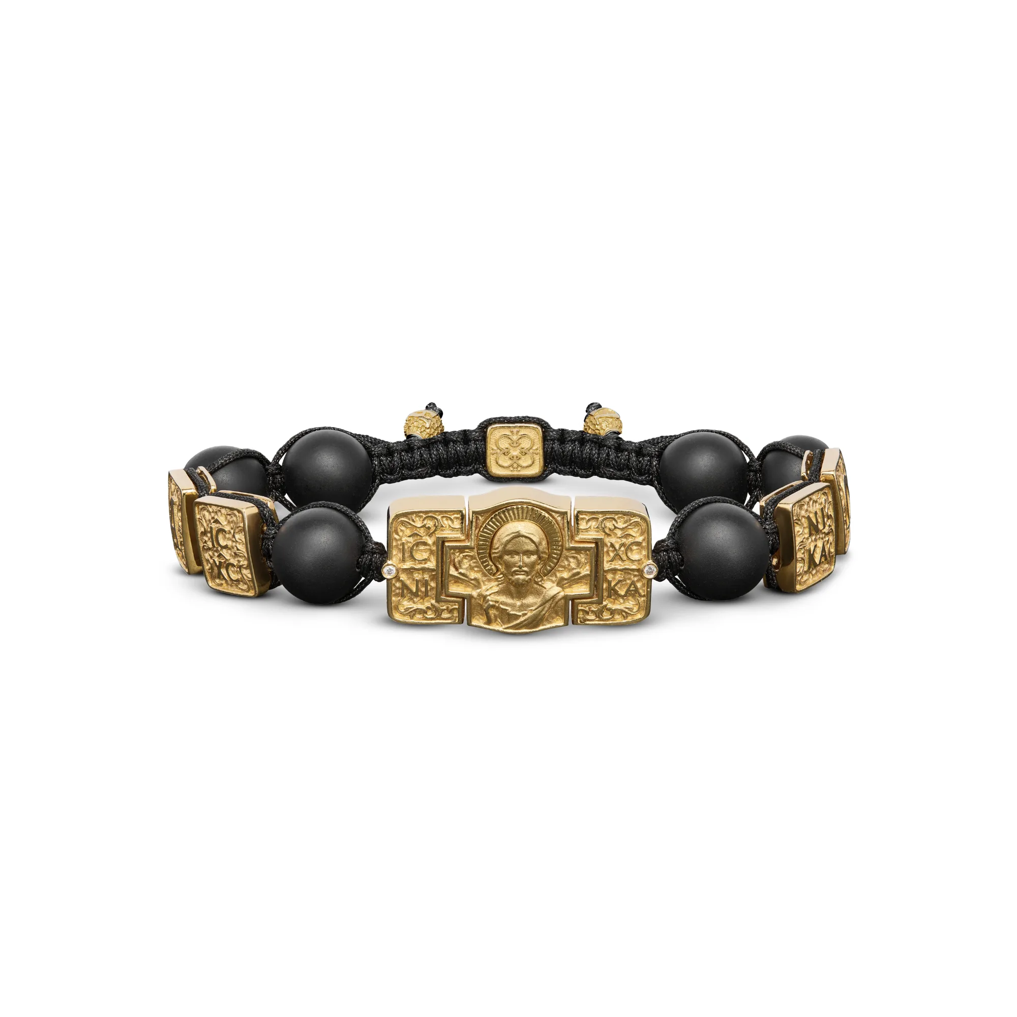Jesus Christ Pantocrator Bracelet in 18K Yellow Gold, Diamonds and Rounded Black Onyx