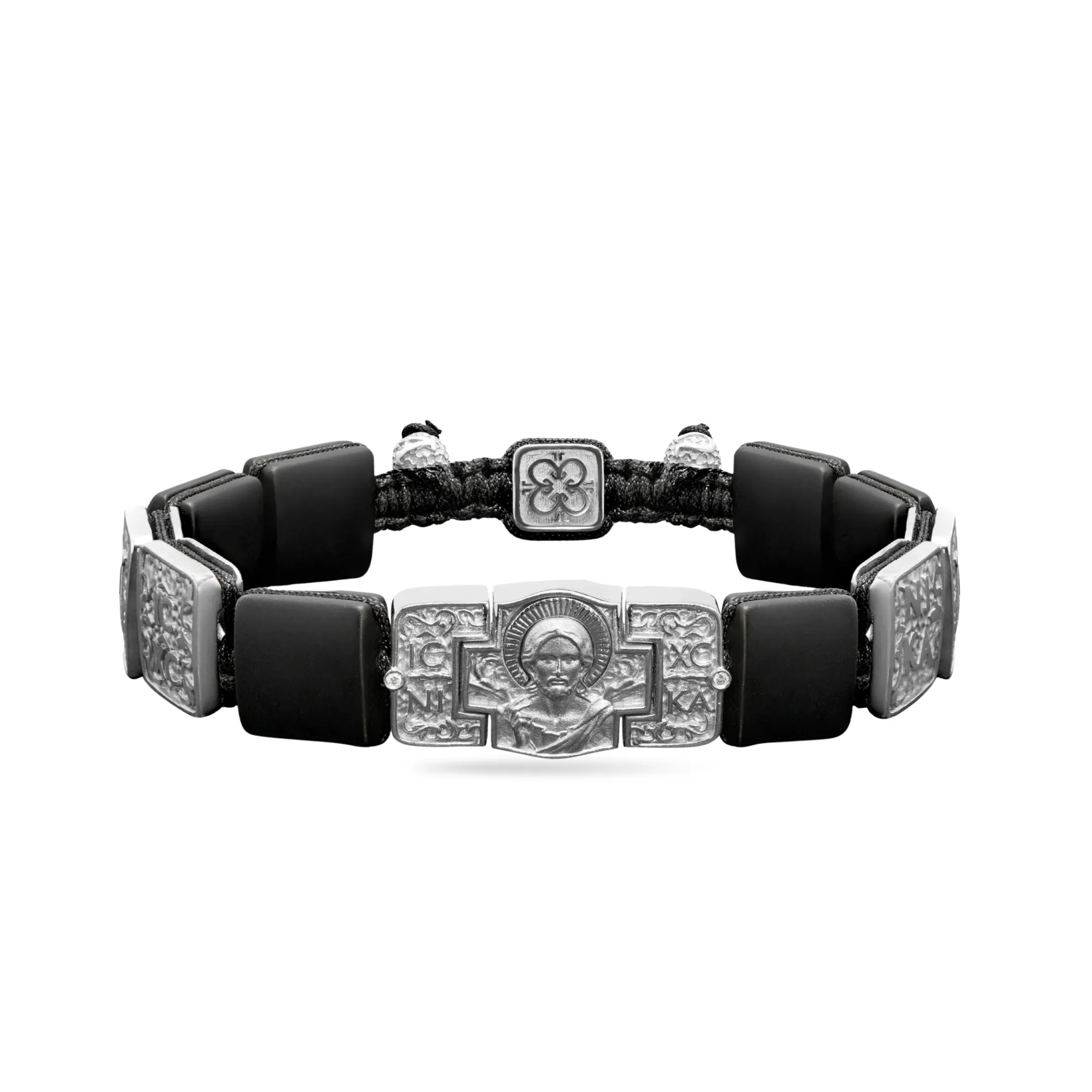 Jesus Christ Pantocrator Bracelet in 18K White Gold, Diamonds and Squared Black Onyx