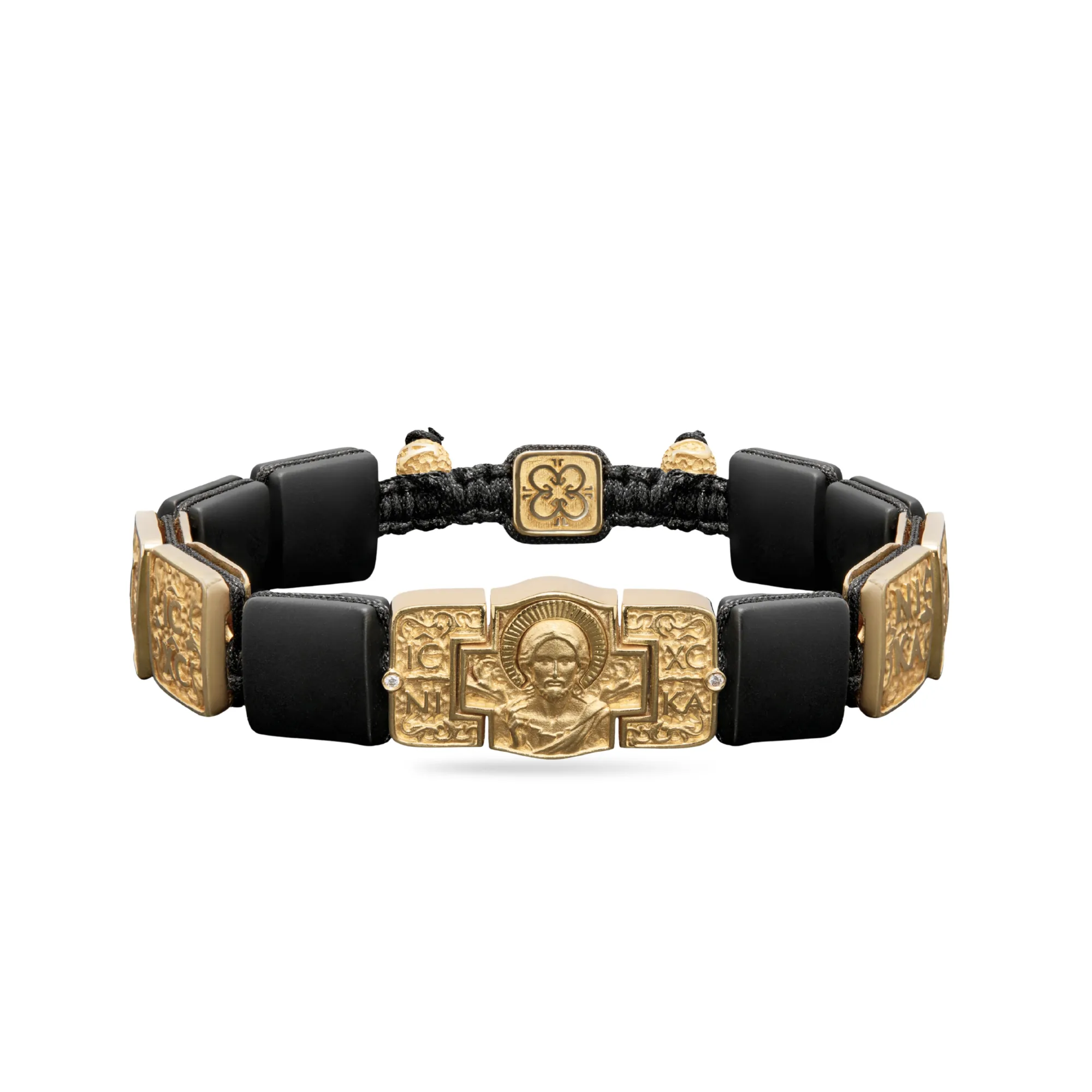 Jesus Christ Pantocrator Bracelet in 18K Yellow Gold, Diamonds and Squared Black Onyx