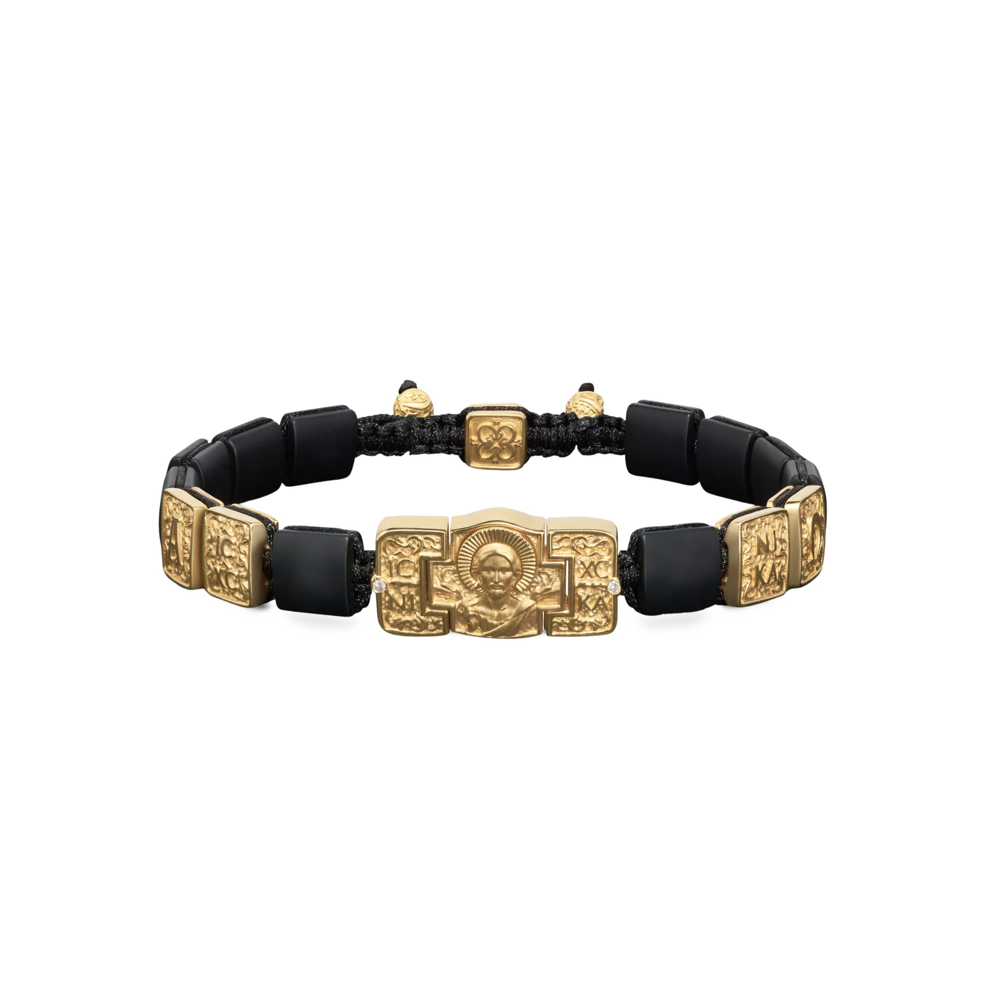 Jesus Christ Pantocrator Petite Bracelet in 18K Yellow Gold, Diamonds and Squared Black Onyx