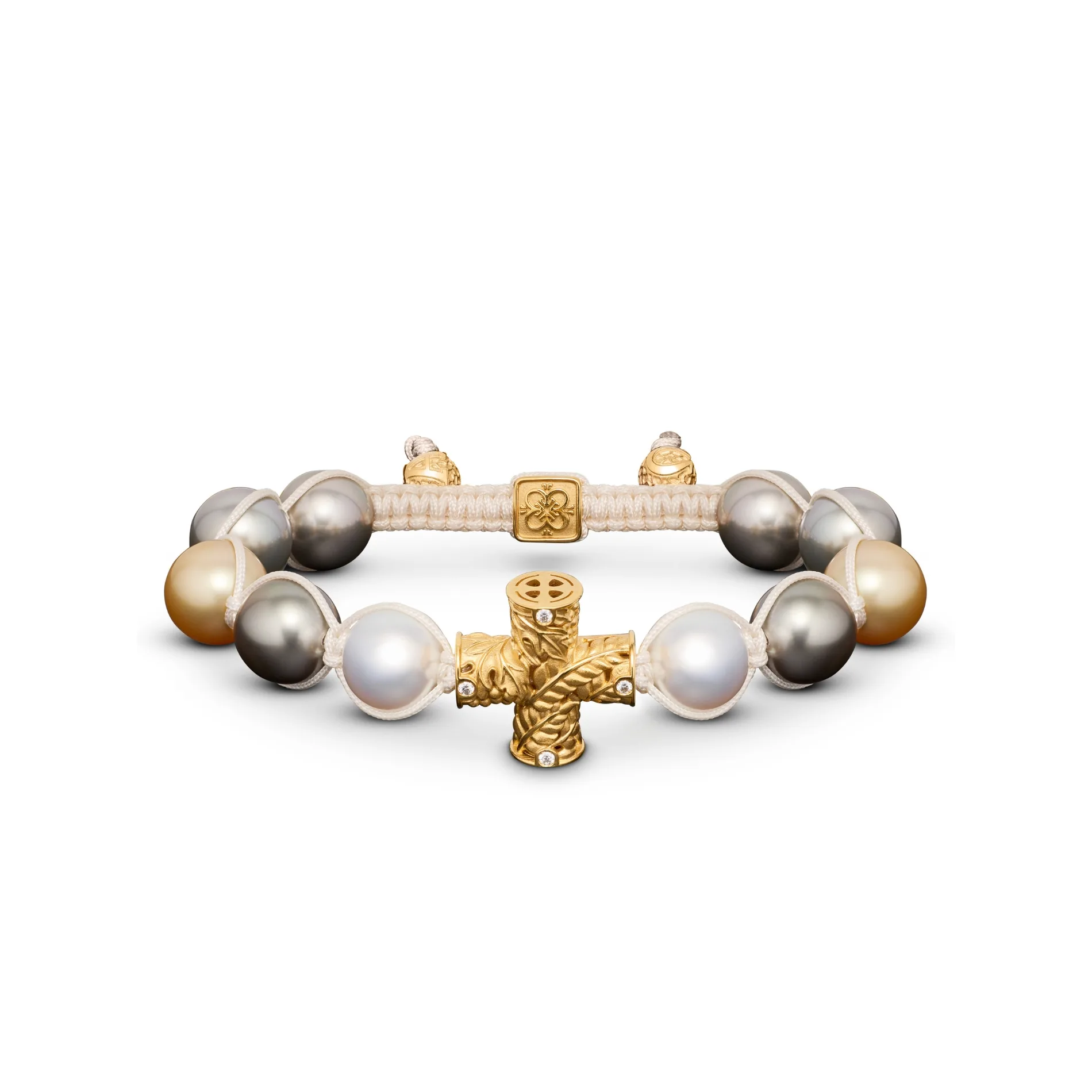 Holy Communion Bracelet in 18K Yellow Gold, White Diamonds & Multi South Sea Pearls