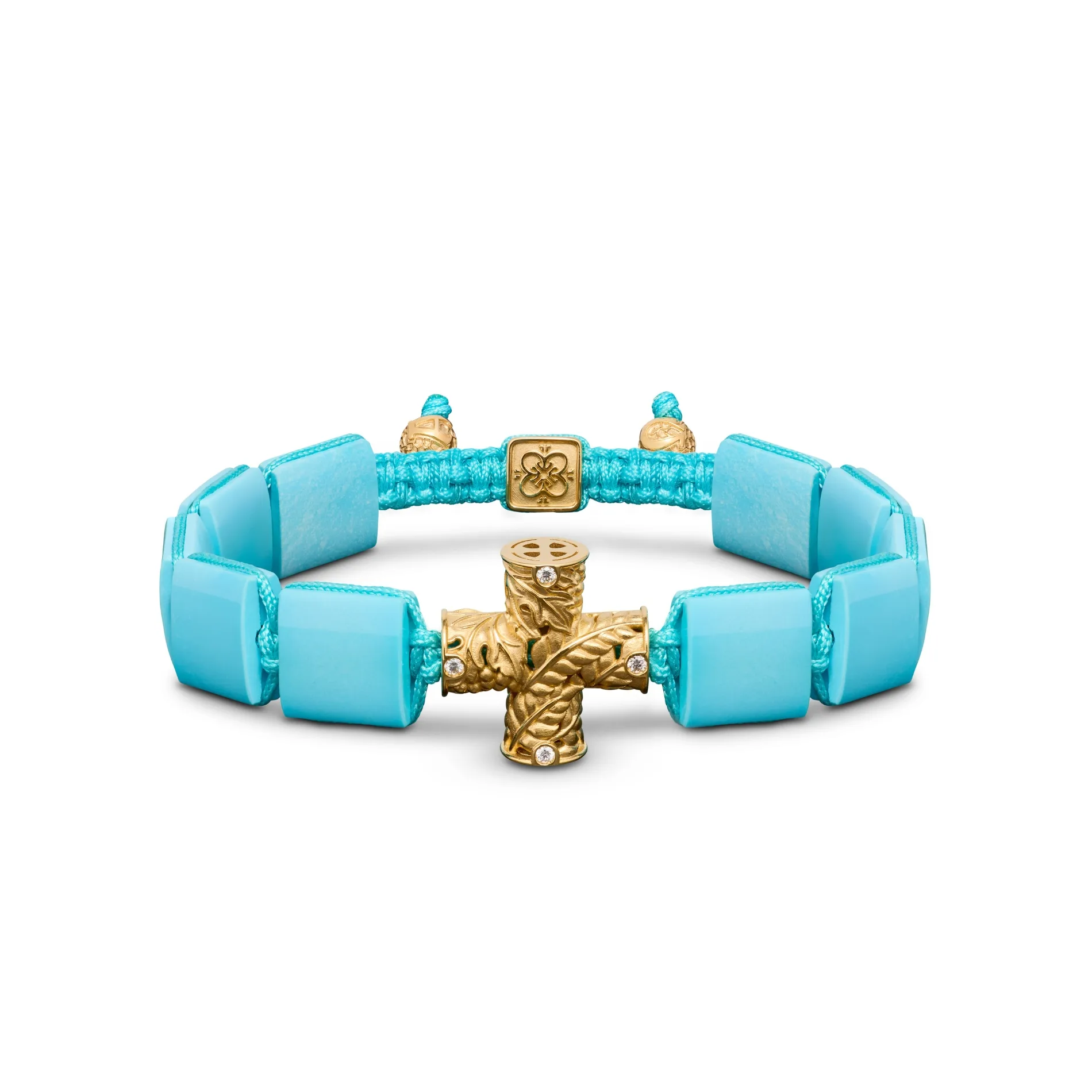 Holy Communion Bracelet in 18K Yellow Gold, White Diamonds & Squared Arizona Turquoise
