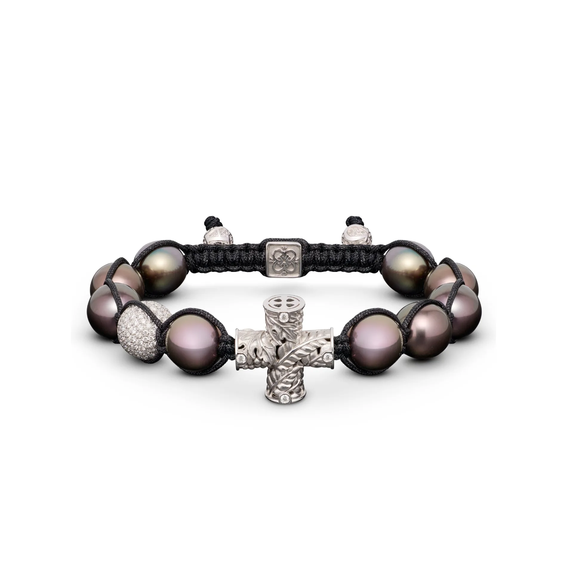Holy Communion Bracelet in 18K White Gold, White Diamonds, Tahity Pearls & Pave Round Stone