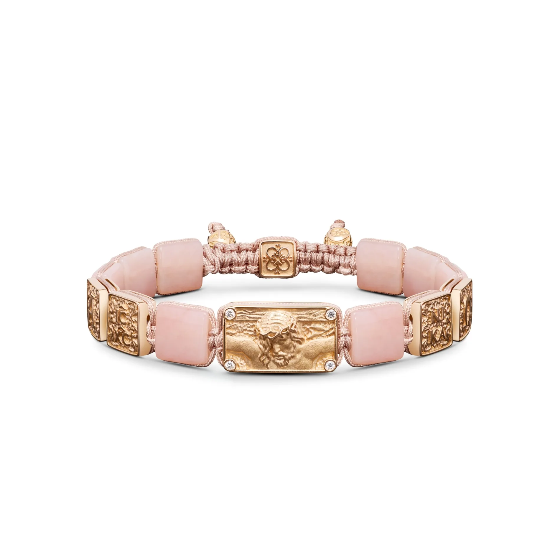 Petite Crucified Jesus Christ Bracelet in 18K Rose Gold, Diamonds and Pink Opal