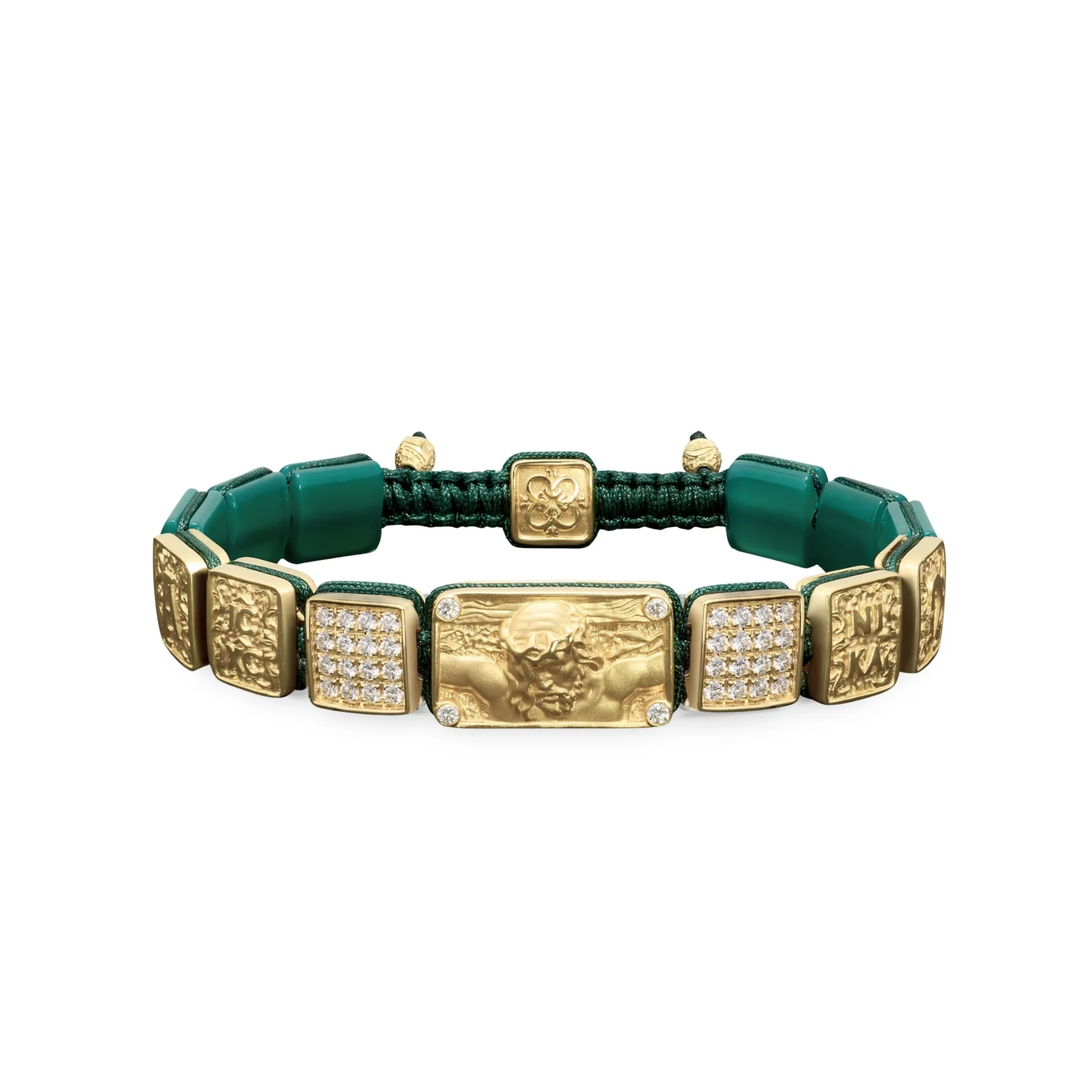 Petite Crucified Jesus Christ Bracelet in 18K Yellow Gold with White Diamonds and Green Jade