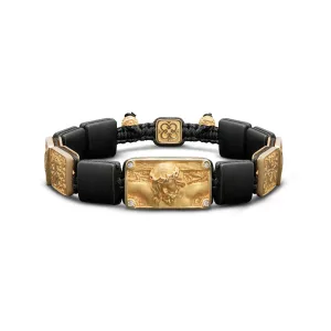 Crucified Jesus Christ Bracelet in 18K Yellow Gold, White Diamonds and Squared Black Onyx