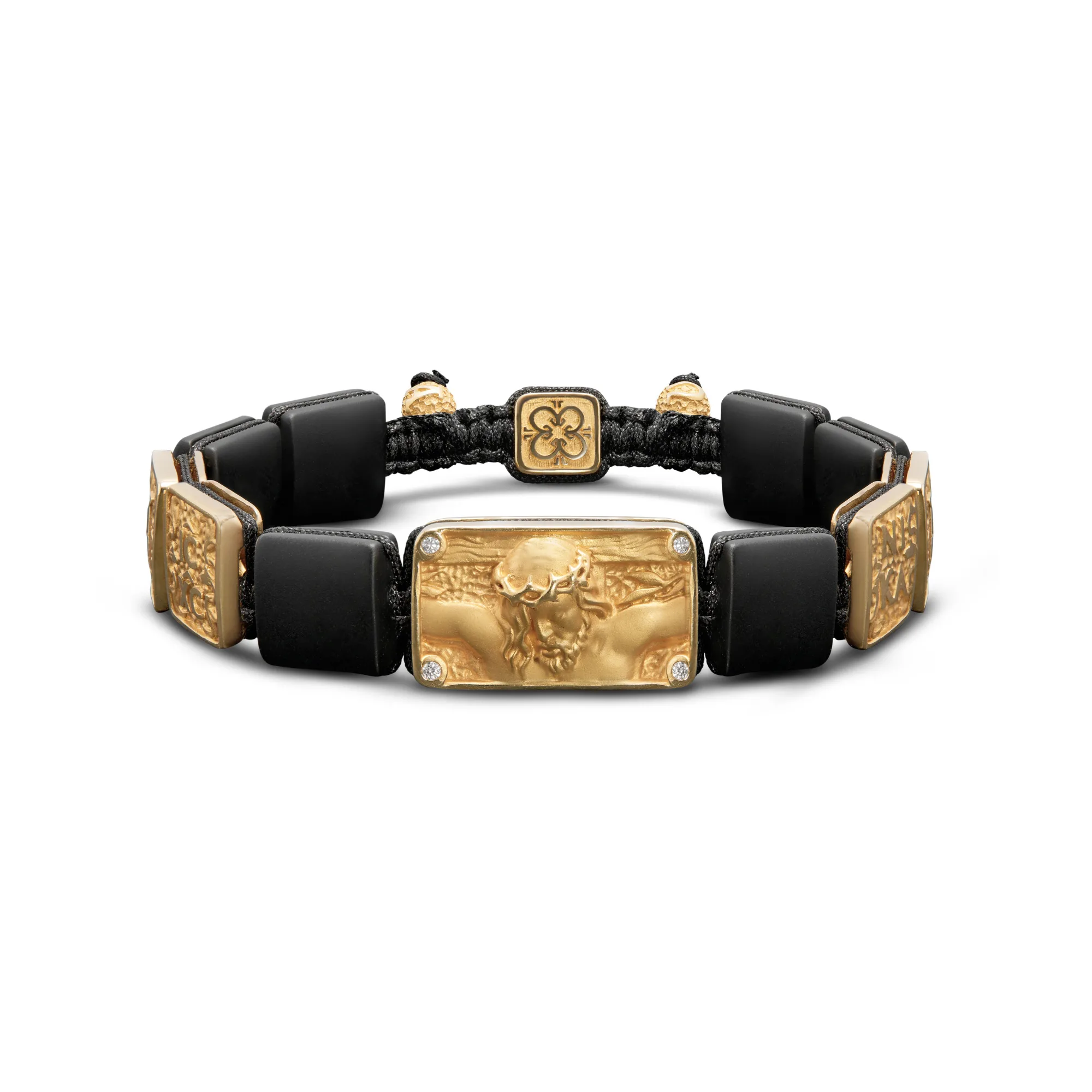 Βραχιολι Ιησους Χριστος Εσταυρωμενος σε 18Κ Κιτρινο Χρυσο, Ονυχα και Λευκα Διαμαντια