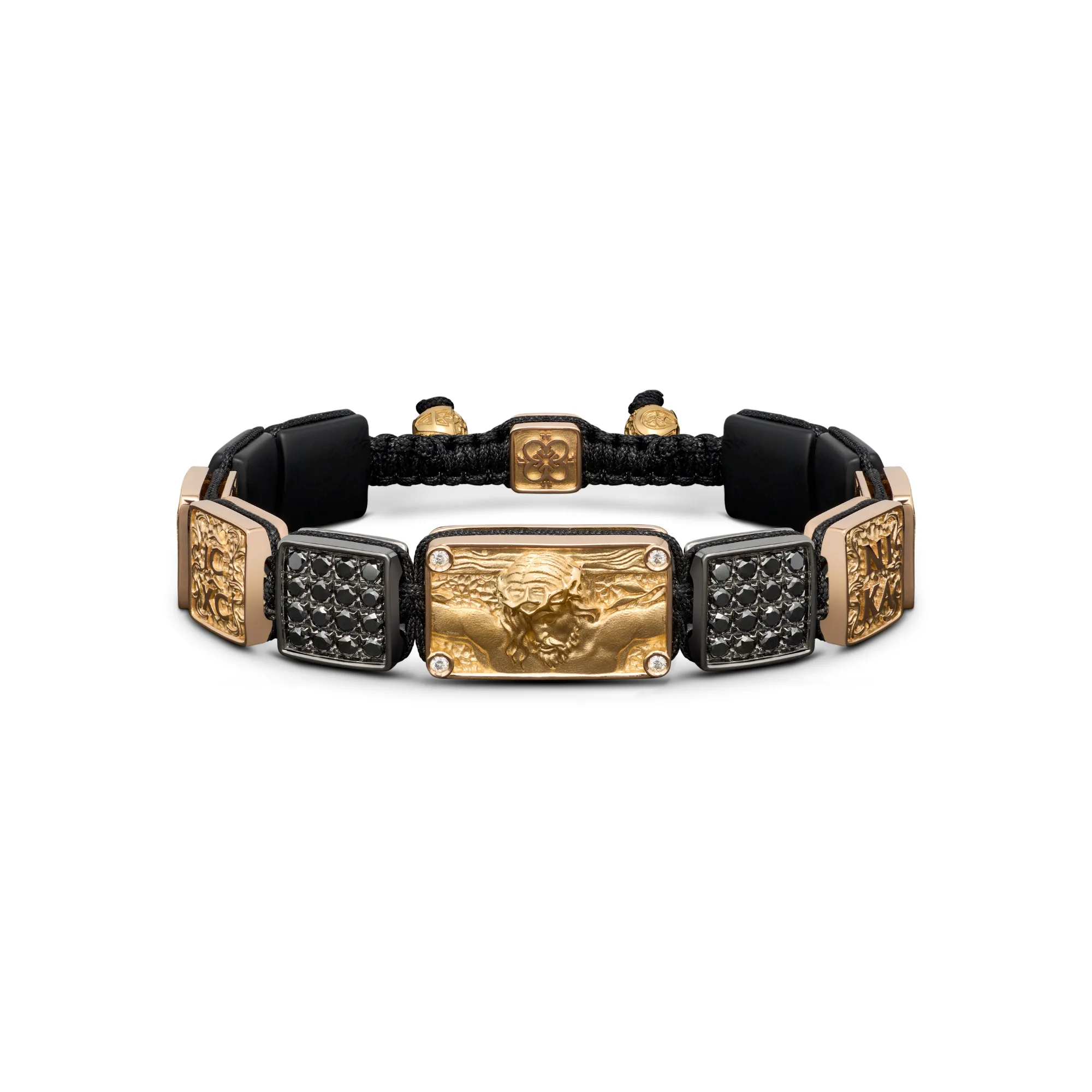 Crucified Jesus Christ Bracelet in 18K Yellow Gold, White and Black Diamonds and Squared Black Onyx