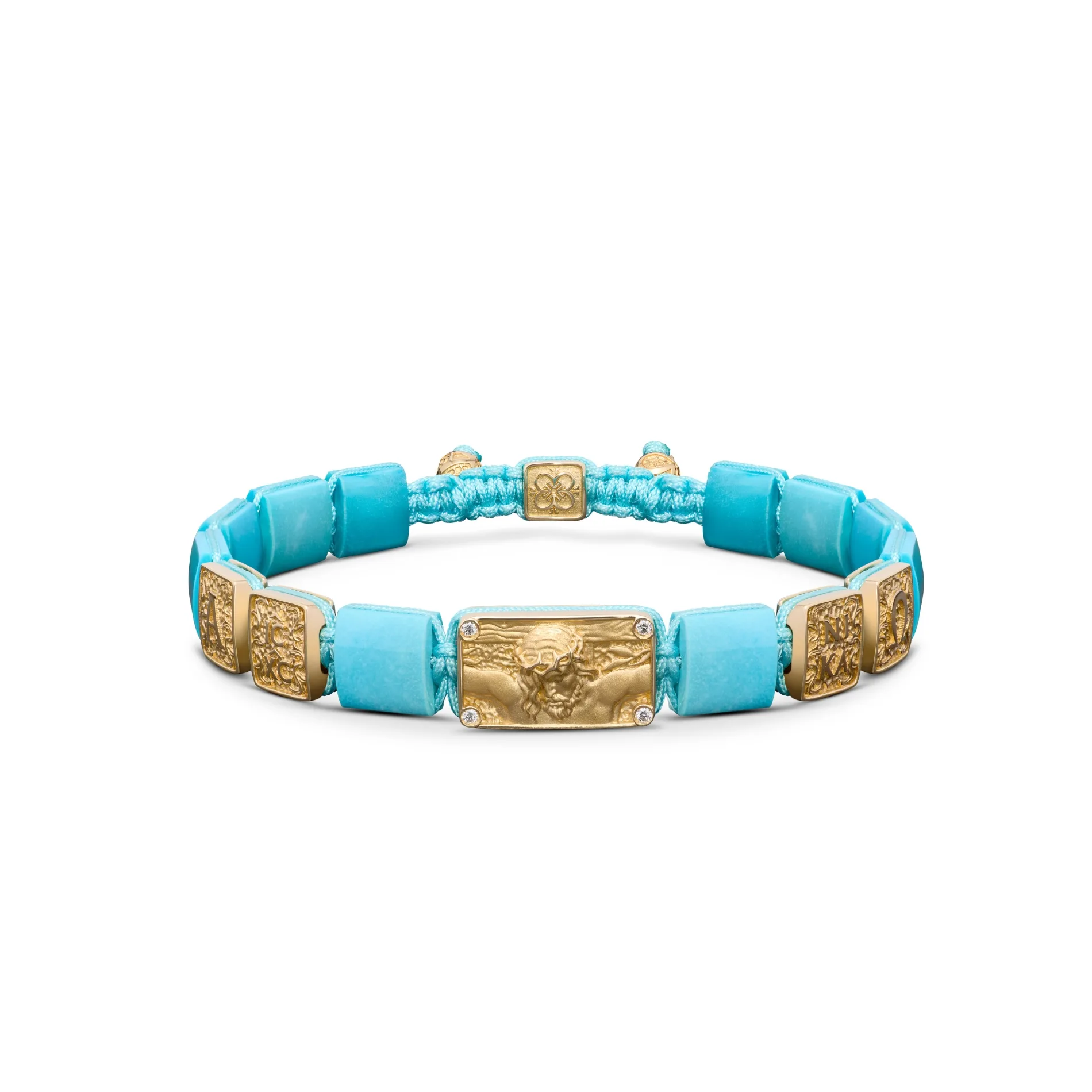 Petite Crucified Jesus Christ Bracelet in 18K Yellow Gold, Diamonds and Turquoise