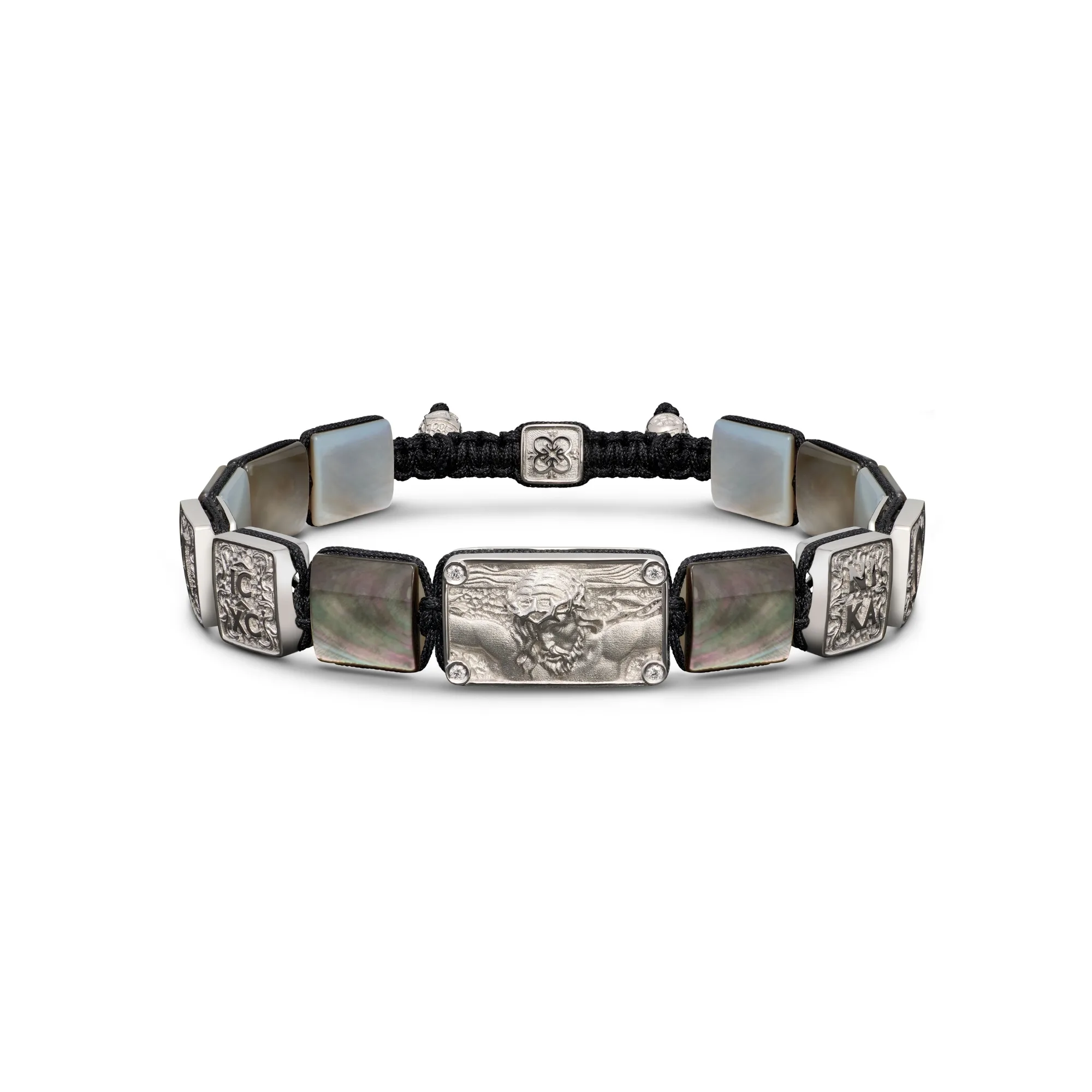 Crucified Jesus Christ Bracelet in 18K White Gold, White Diamonds and Black Mother of Pearl