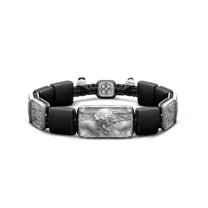Crucified Jesus Christ Bracelet in 18K White Gold, White Diamonds and Squared Black Onyx Crucified Jesus Christ Bracelet in 18K White Gold, White Diamonds and Squared Black Onyx