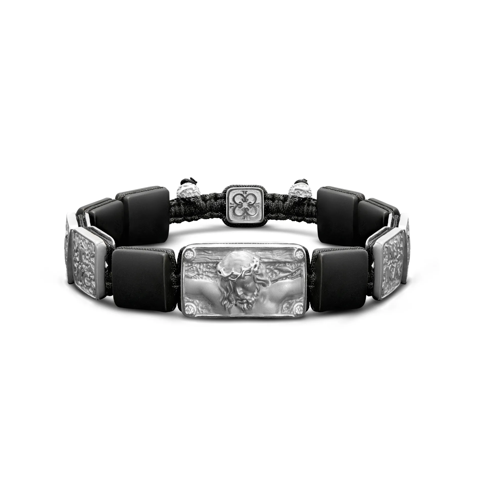 Crucified Jesus Christ Bracelet in 18K White Gold, White Diamonds and Squared Black Onyx Crucified Jesus Christ Bracelet in 18K White Gold, White Diamonds and Squared Black Onyx