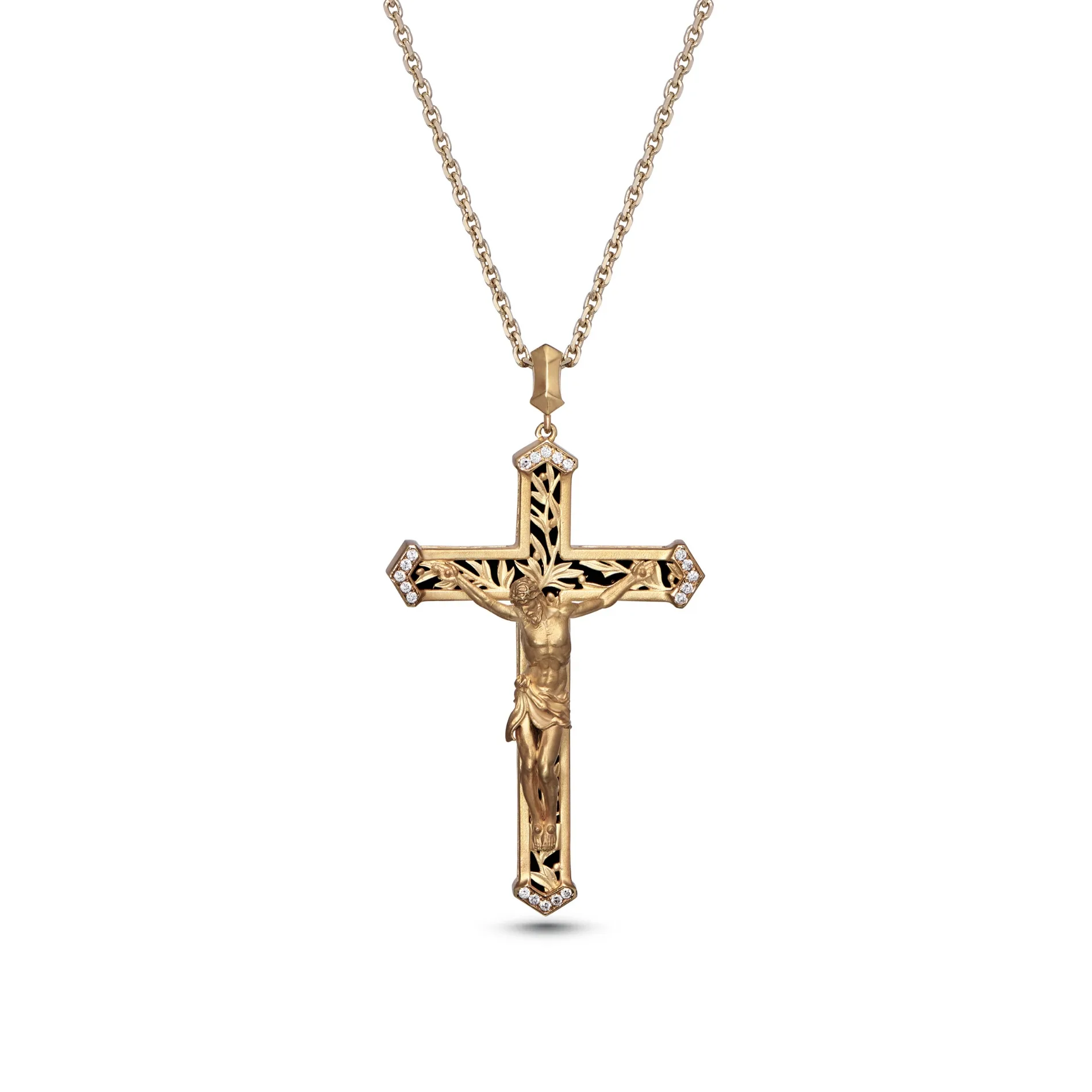 Crucified Jesus Christ Cross in 18K White Gold, Diamonds and Black Onyx