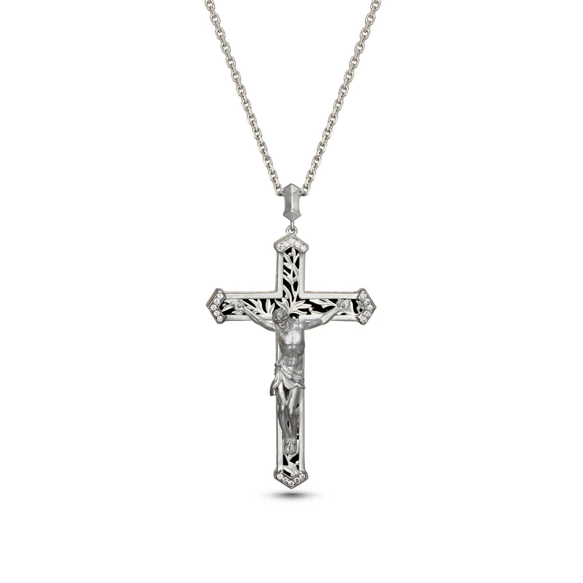 Crucified Jesus Christ Cross in 18K White Gold, Diamonds and Black Onyx
