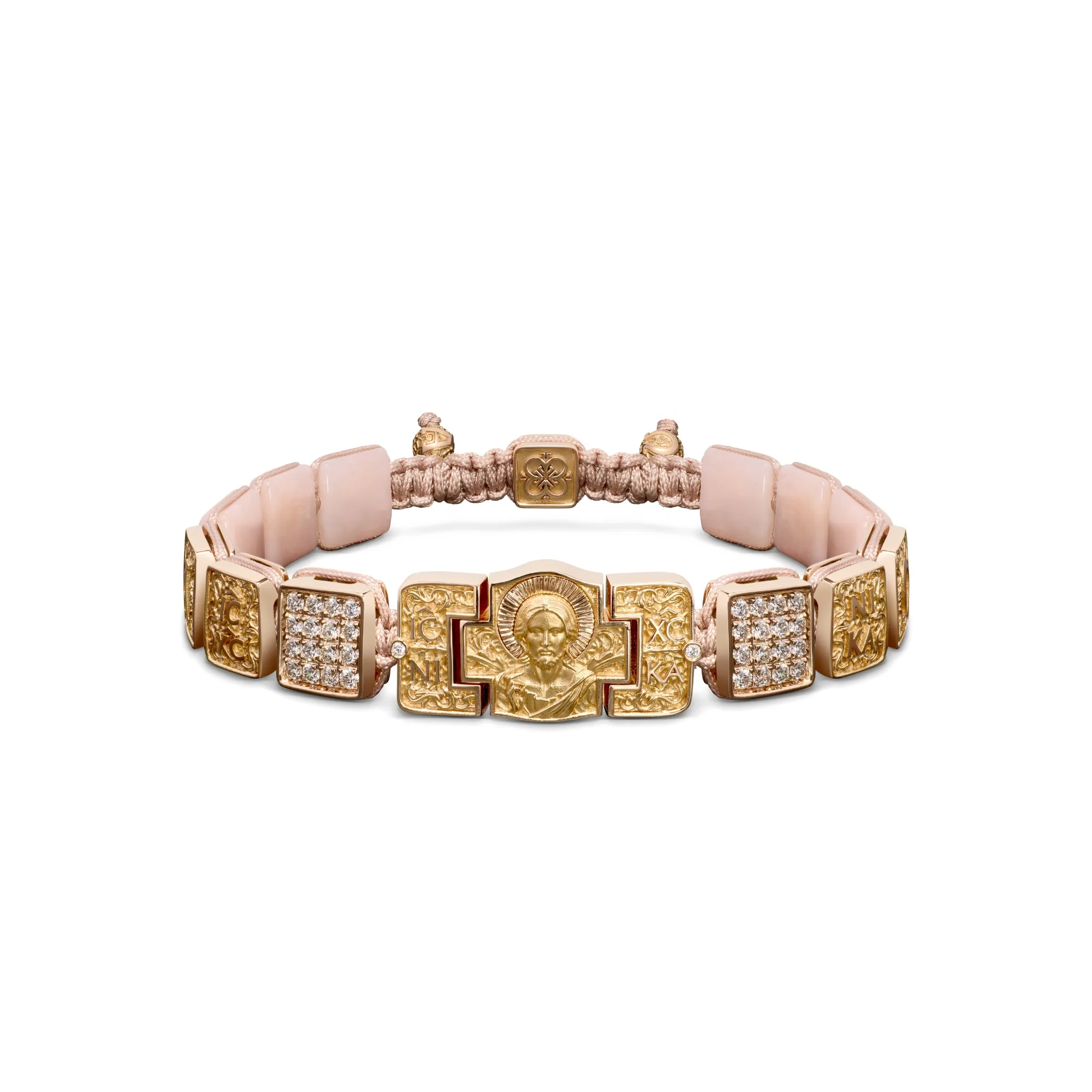 Petite Jesus Christ Pantocrator Bracelet in 18K Rose Gold, Diamonds and Pink Opal