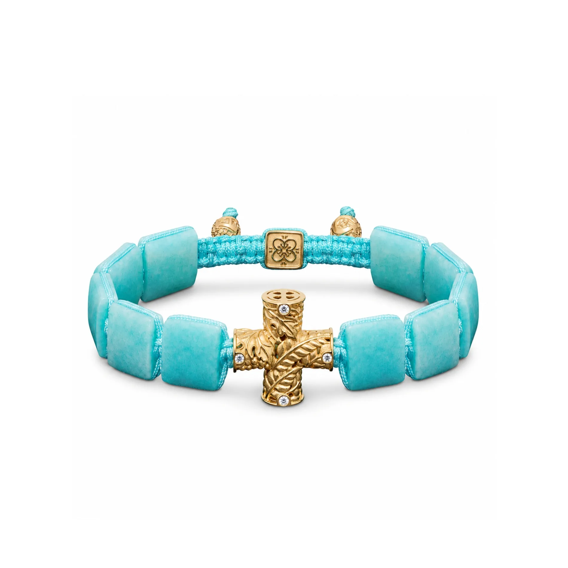 Holy Communion Bracelet in 18K Yellow Gold, White Diamonds & Squared Amazonite