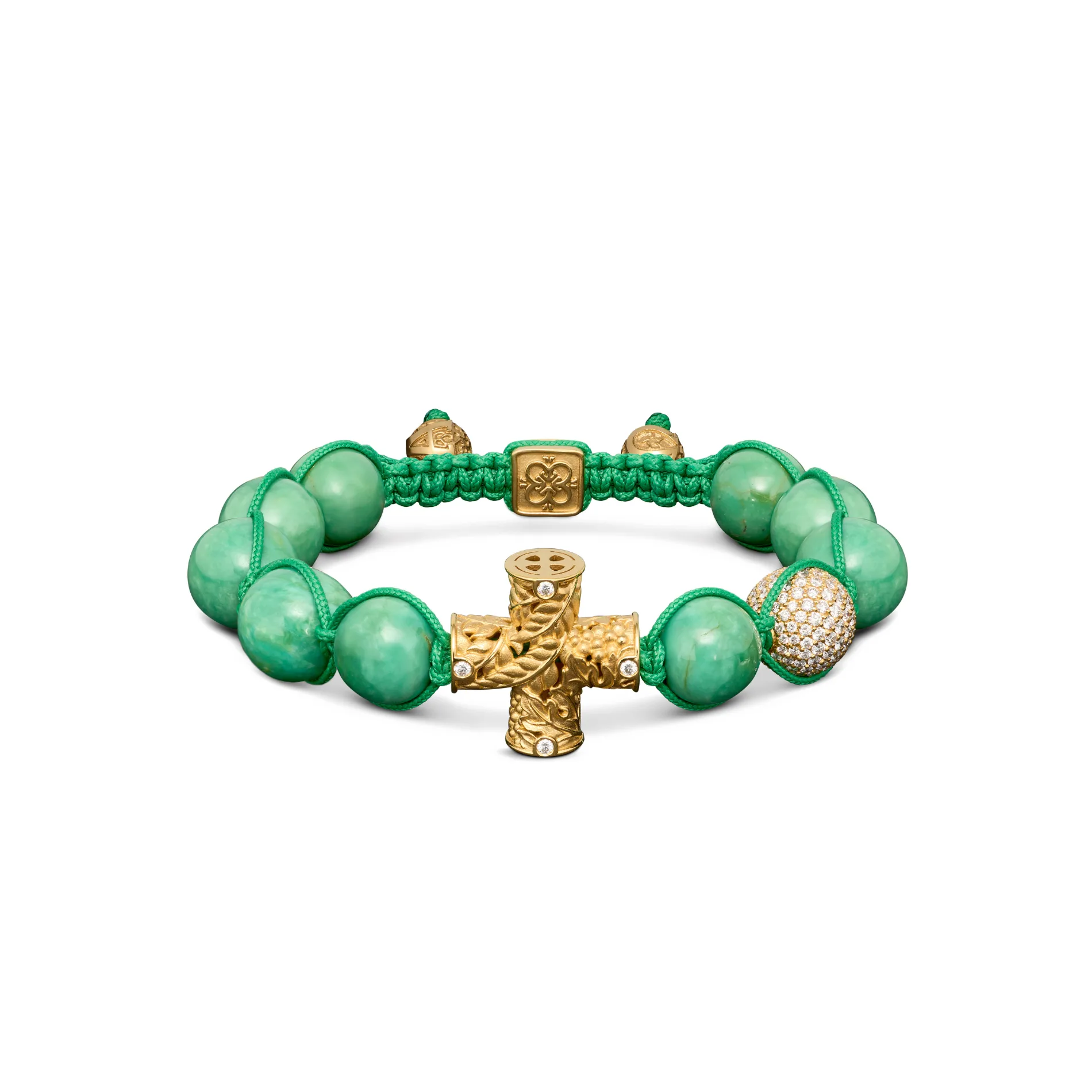 Holy Communion Bracelet in 18K Yellow Gold, White Diamonds, Green Turquoise & Round Pave