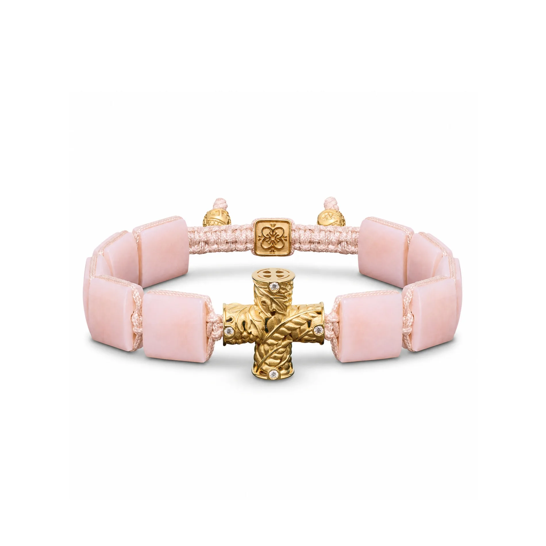 Holy Communion Bracelet in 18K Yellow Gold, White Diamonds & Squared Pink Opal