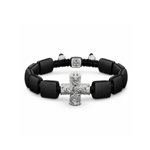 Holy Communion Bracelet in 18K Rose Gold, White Diamonds & Squared Black Onyx