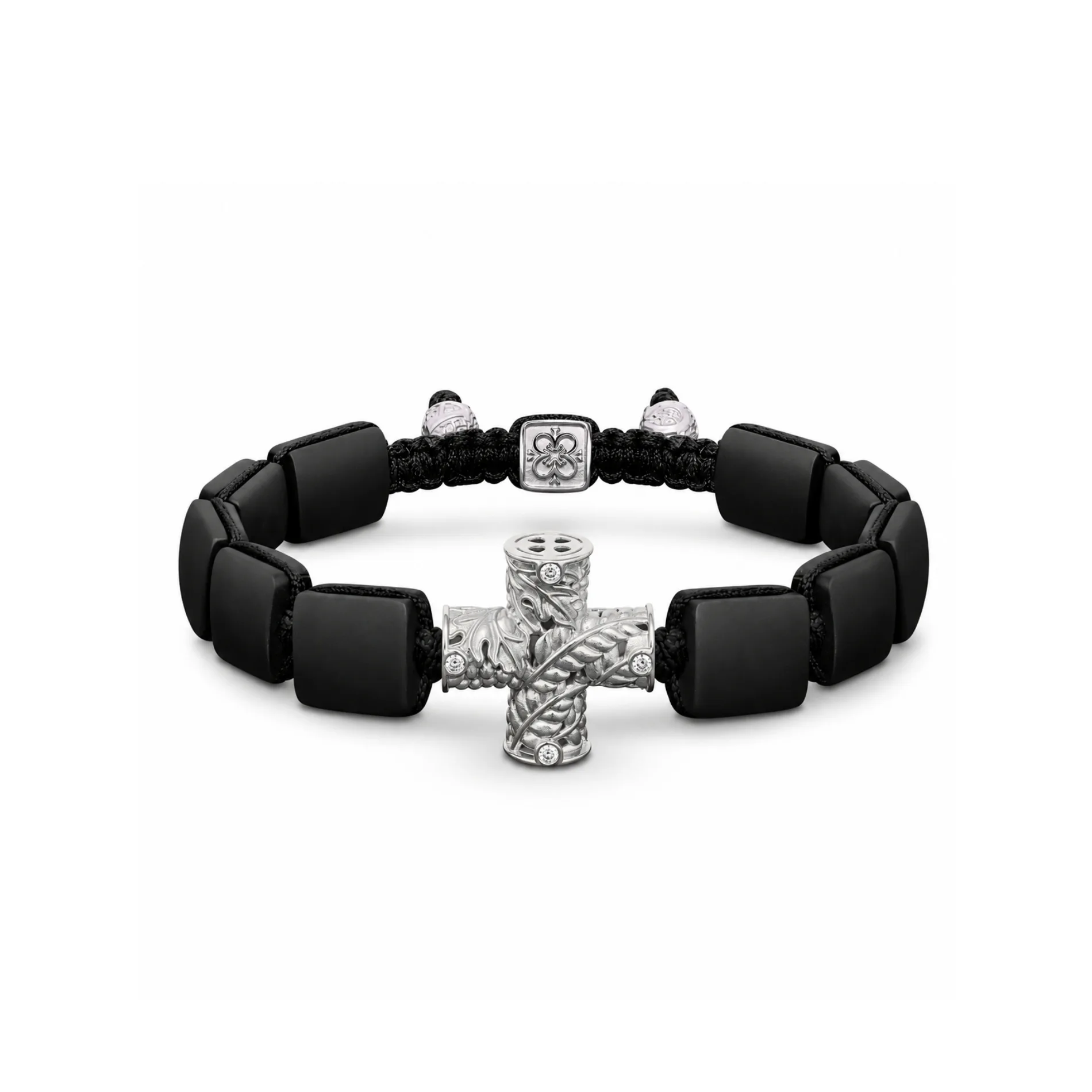 Holy Communion Bracelet in 18K White Gold, White Diamonds & Squared Black Onyx