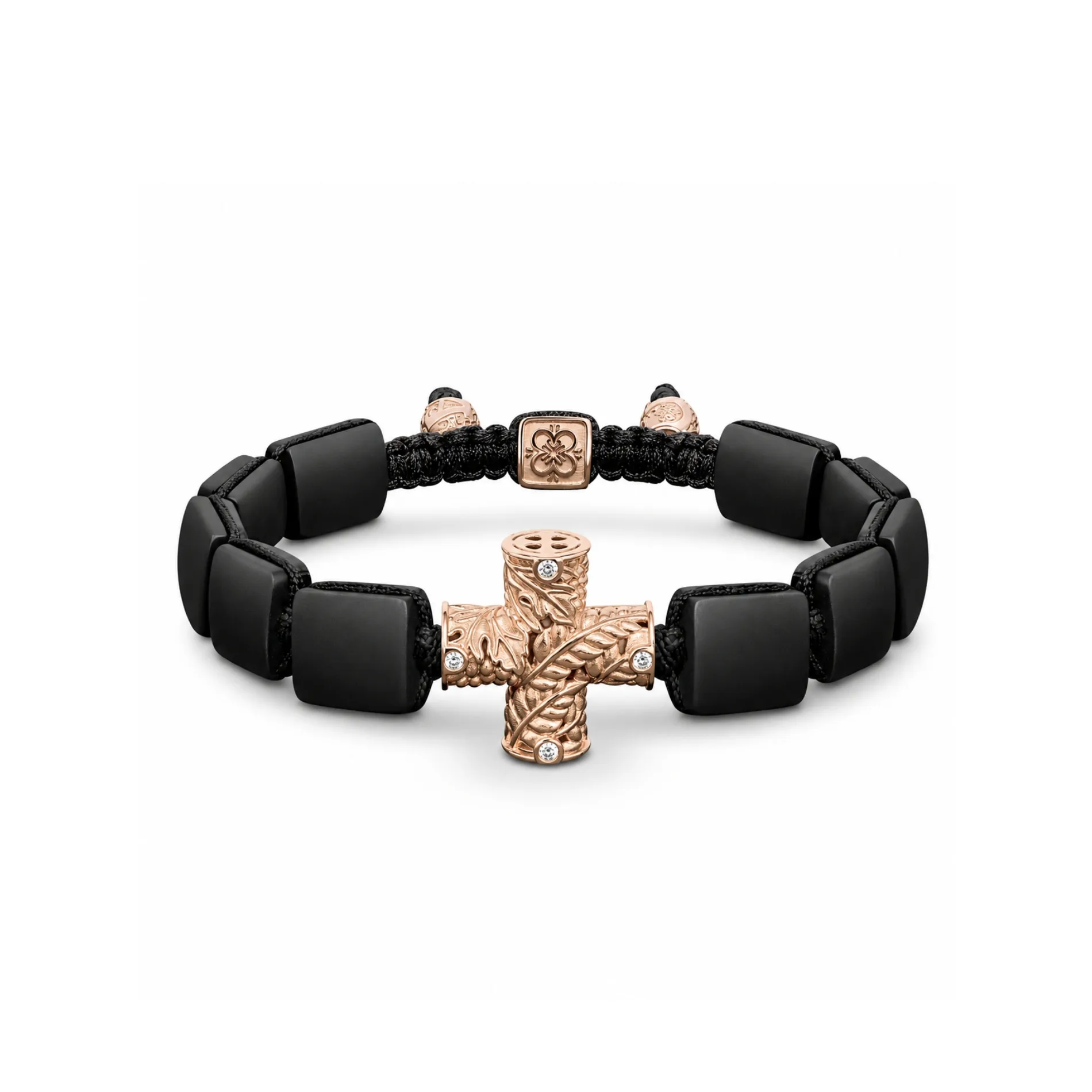 Holy Communion Bracelet in 18K Rose Gold, White Diamonds & Squared Black Onyx