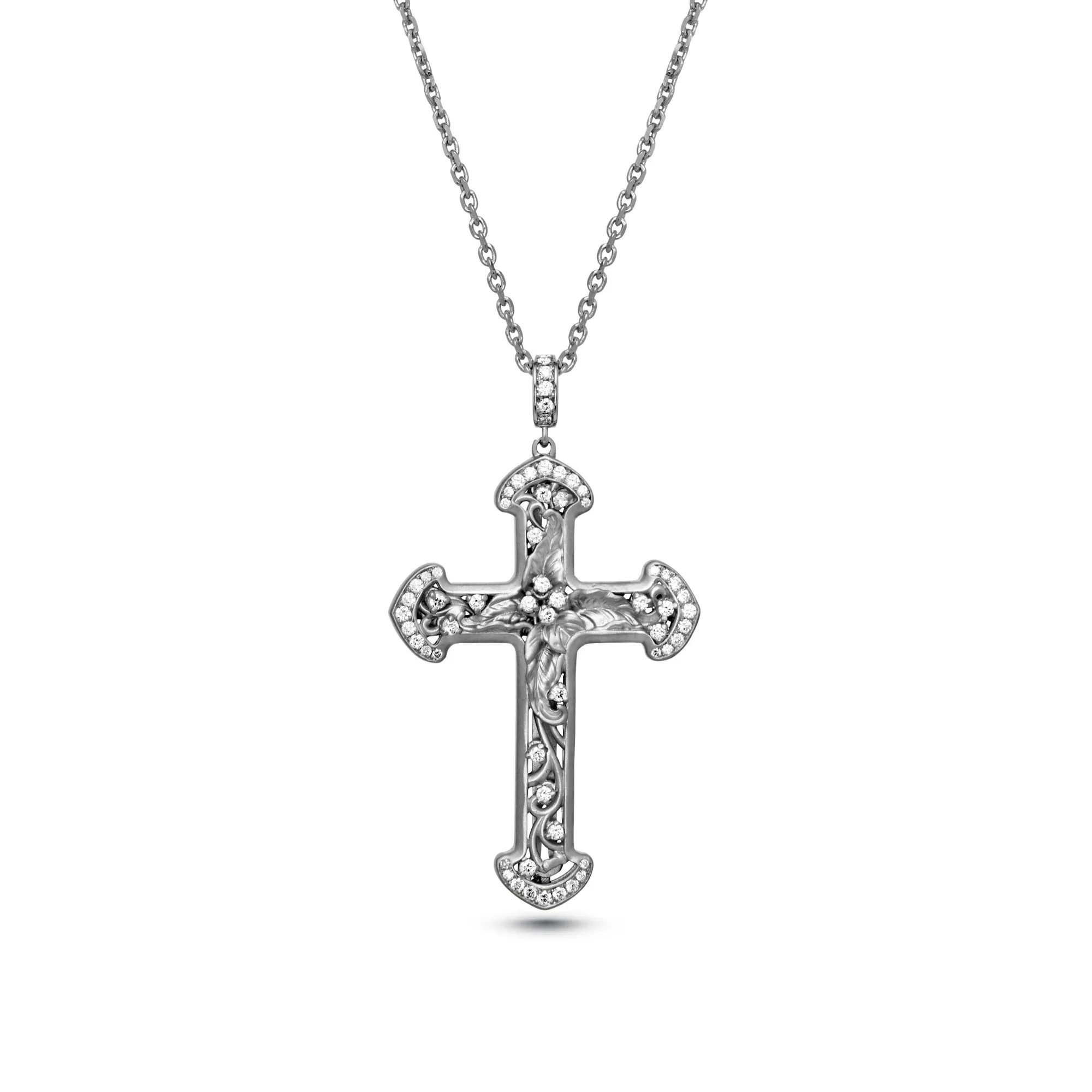 Krinos Cross in 18K White Gold with Diamonds - Pave Frame