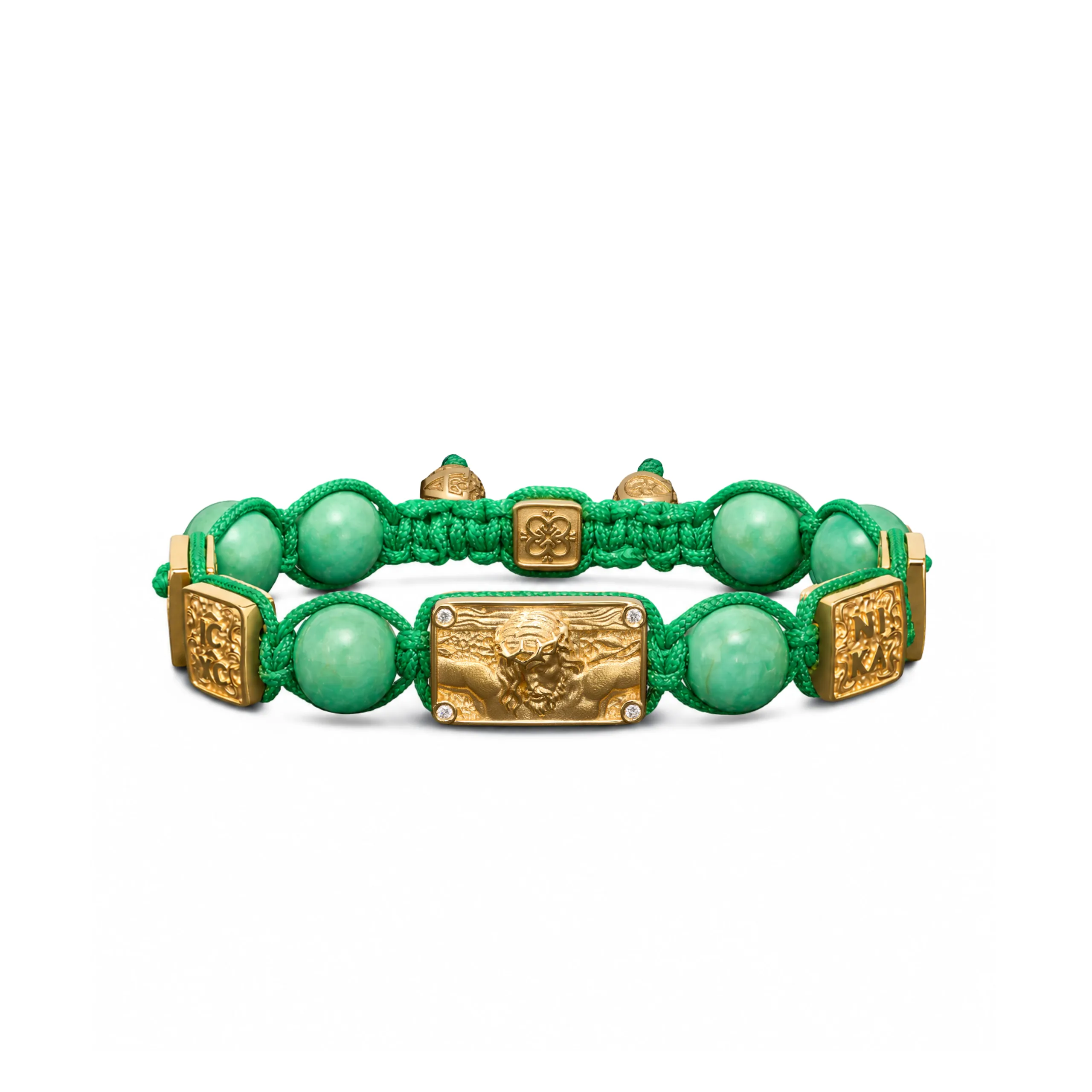 Crucified Jesus Christ Bracelet in 18K Yellow Gold, White Diamonds and Green Turquoise Stones