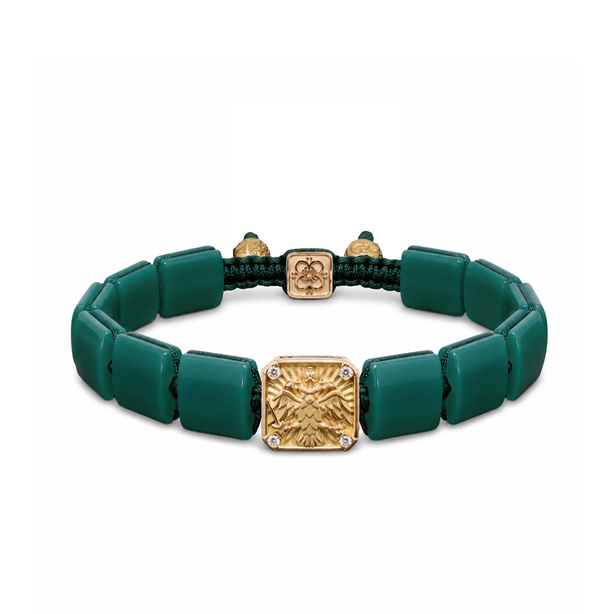 Byzantine Eagle Bracelet in 18K Yellow Gold with White Diamonds and Green Agate