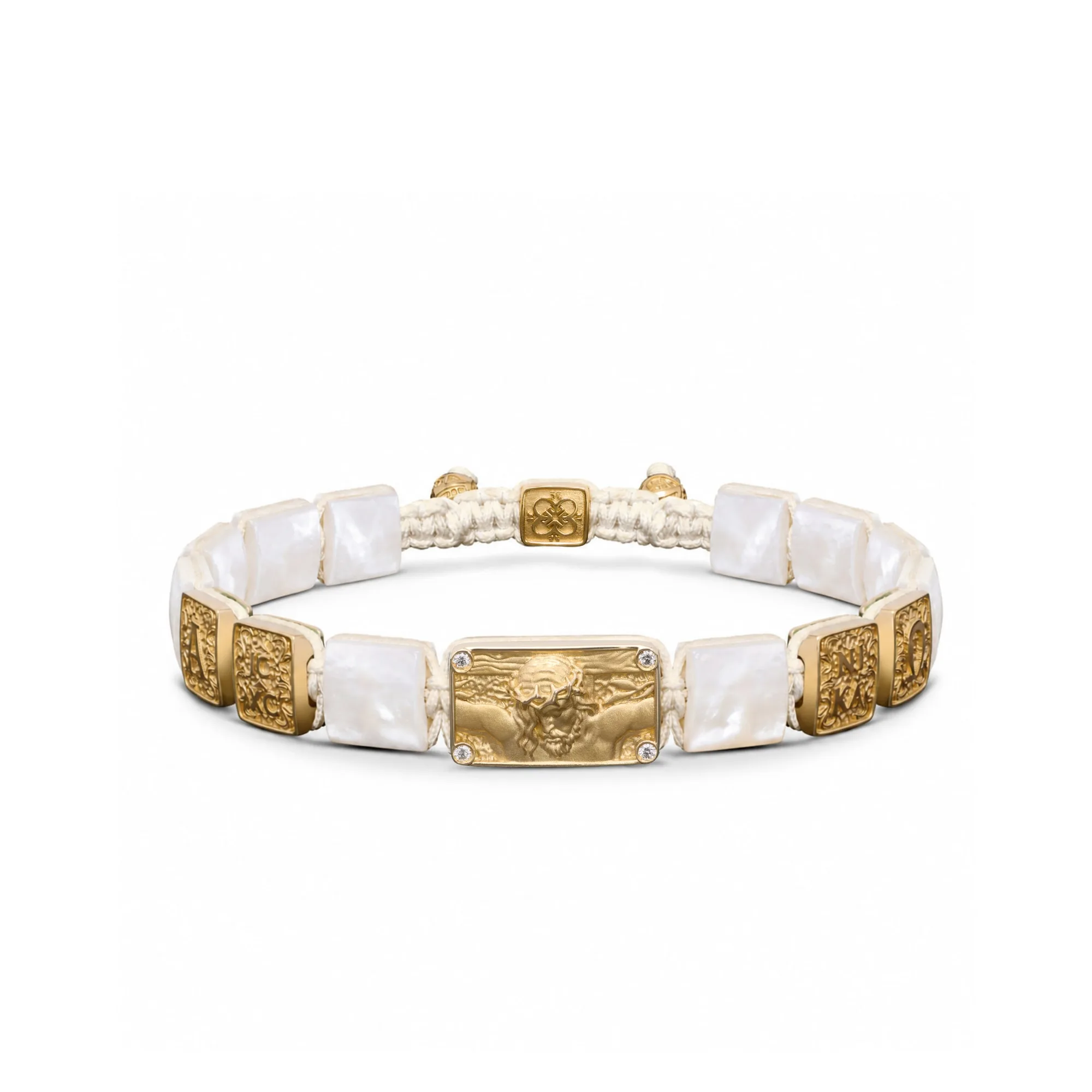 Crucified Jesus Christ Petite Bracelet in 18K Yellow Gold, White Diamonds and Mother of Pearl