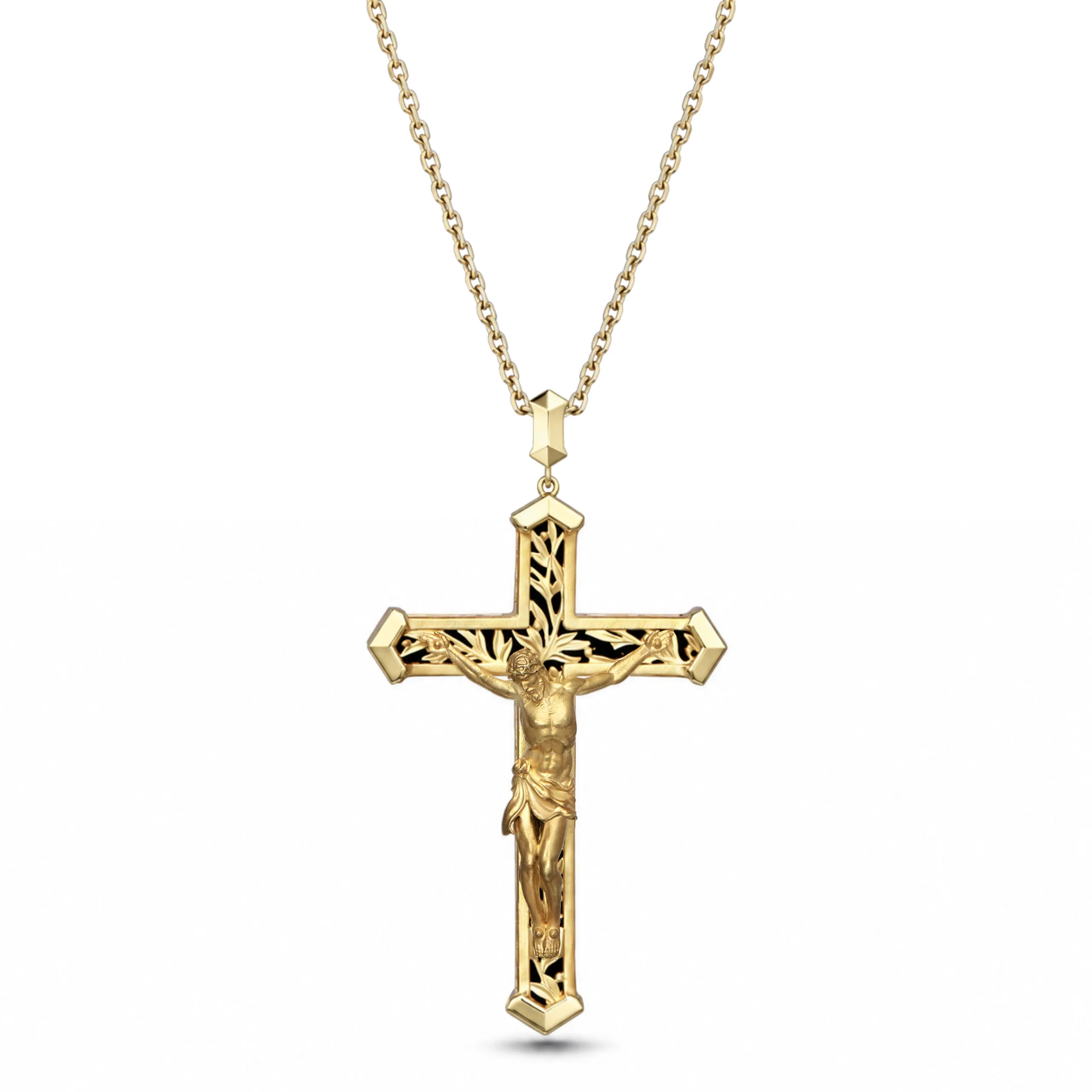 Crucified Jesus Christ Cross in 18K Yellow Gold and Black Onyx