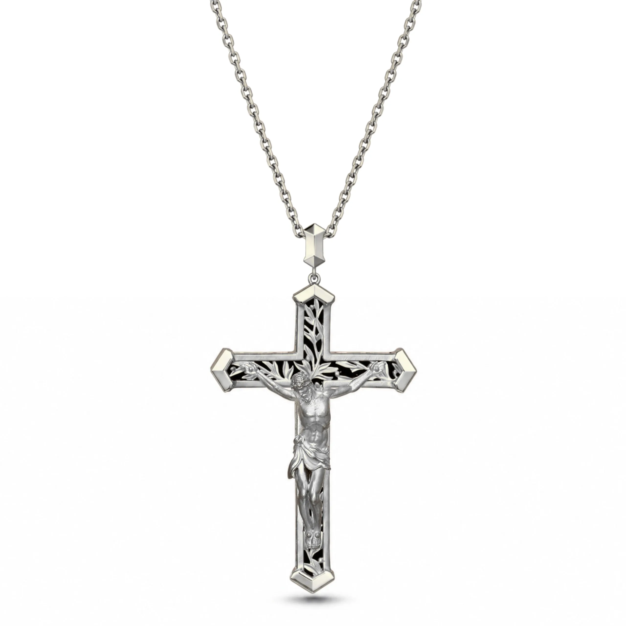 Crucified Jesus Christ Cross in 18K White Gold and Black Onyx